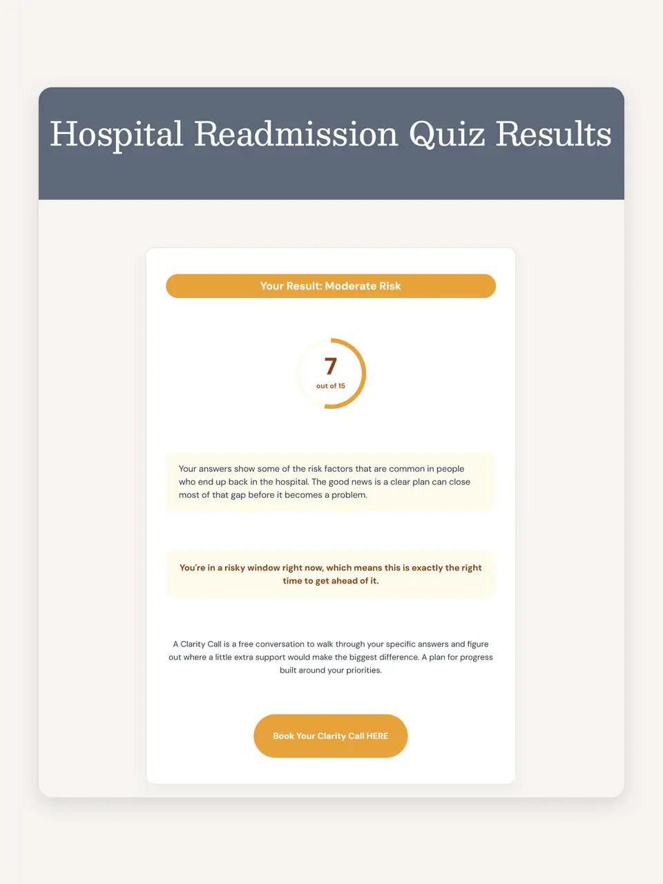 Hospital readmission quiz results page I built, with risk score and call button.