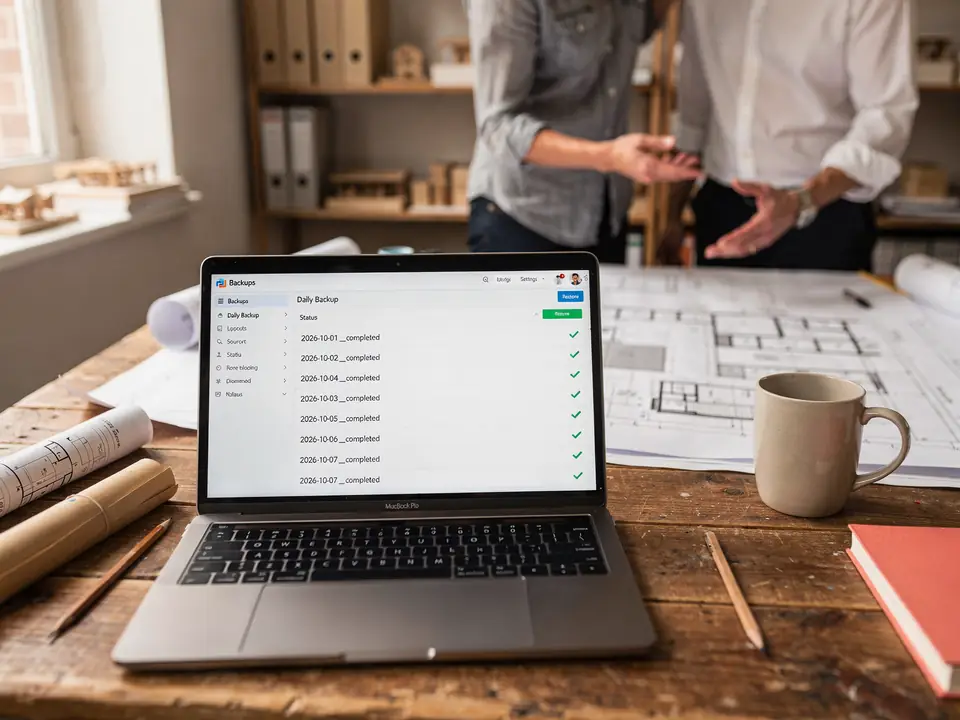 A laptop lists completed daily website backups on a desk covered in blueprints.