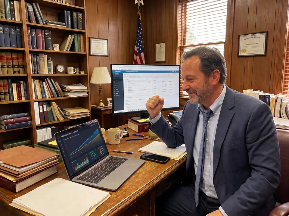 A law firm owner pumps his fist at a laptop showing his website traffic and inquiries rising.