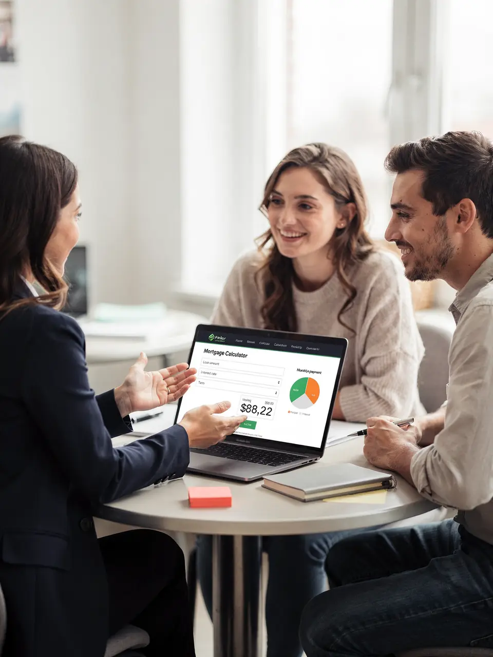 A loan officer shows a young couple a mortgage calculator on her laptop.