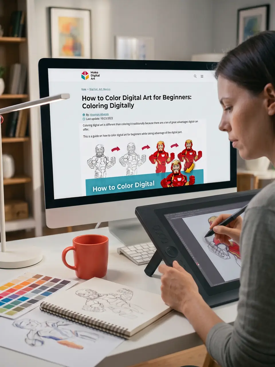 A digital artist colors a drawing on a pen display, with a Make Digital Art guide on her monitor.