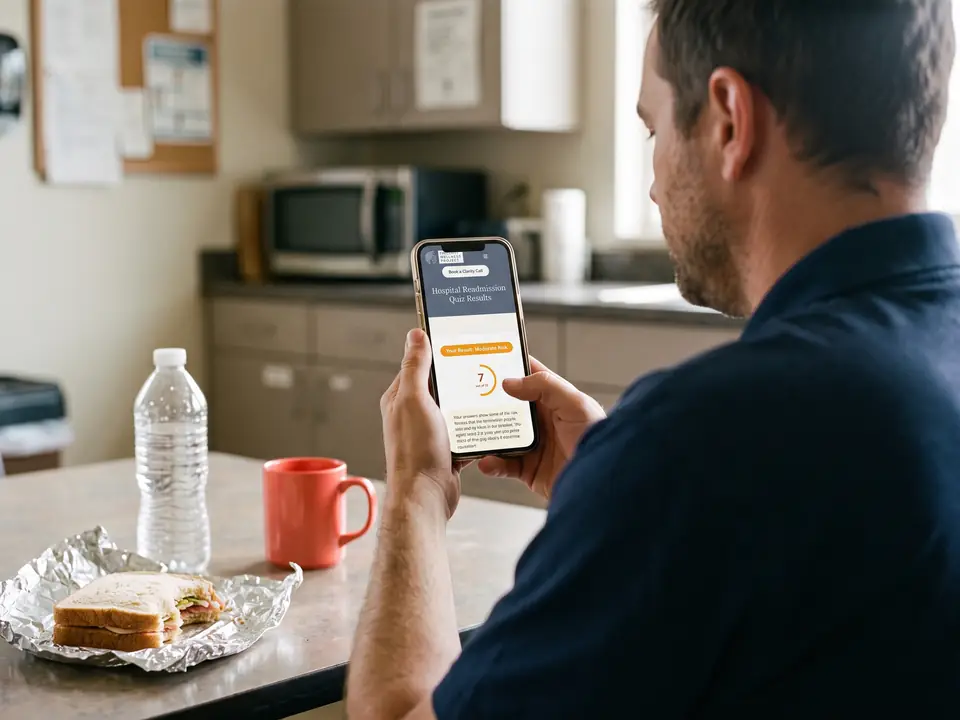 A man on his lunch break reads his health quiz score on his phone.