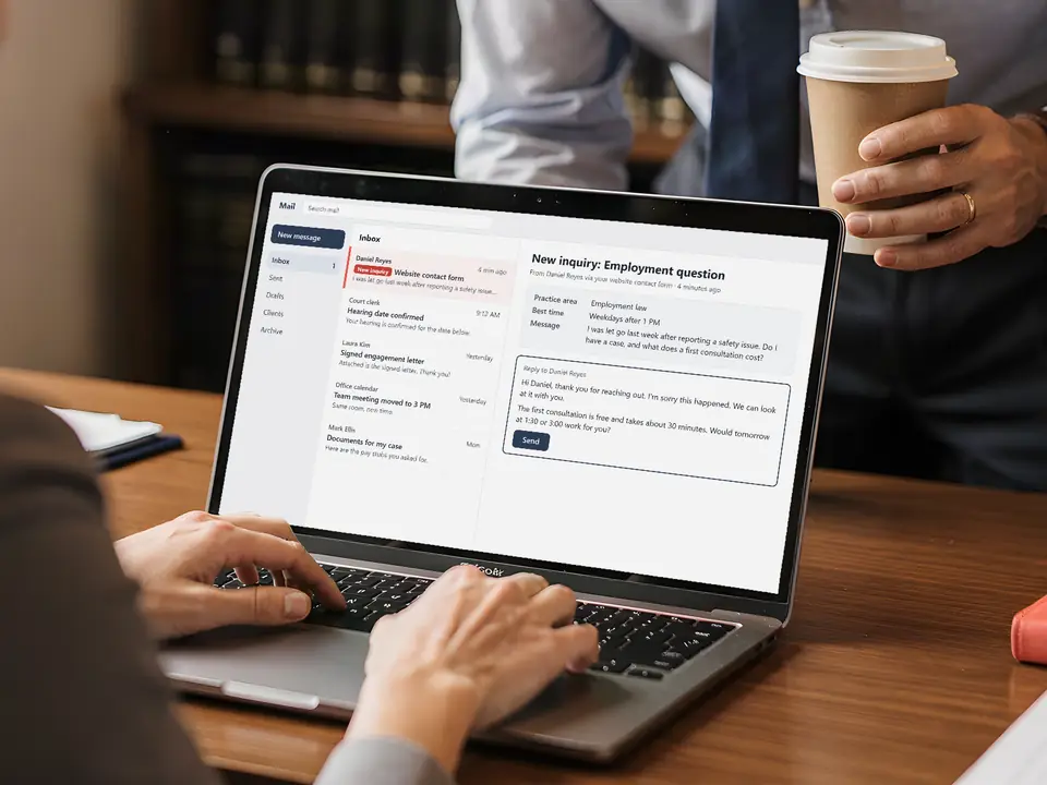 A paralegal replies to a new website inquiry minutes after it arrived while an attorney reads along.