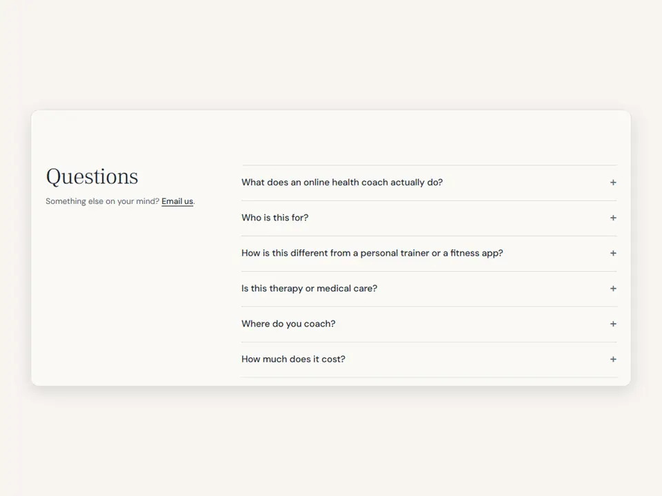 Health coaching FAQ I built that answers what a coach does, who it is for and what it costs.