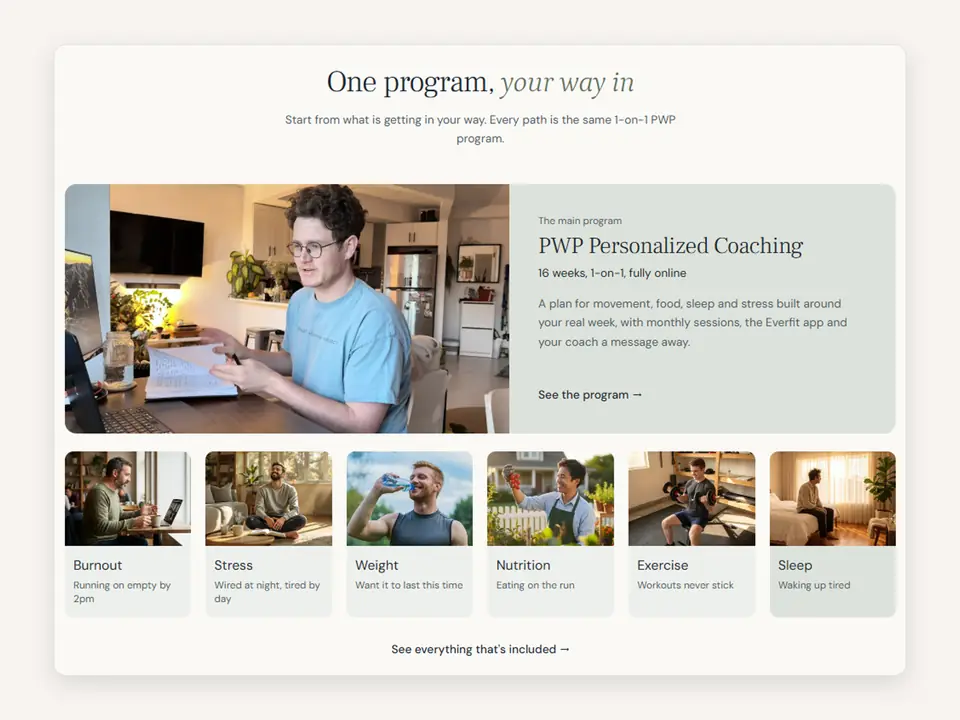 Coaching program page I built showing one main program and six ways in, from burnout to sleep.