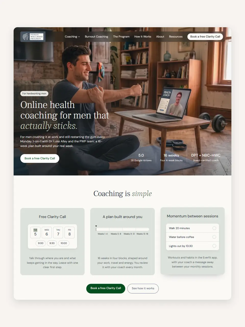 Homepage I built for The Public Wellness Project, an online health coaching program for working men.