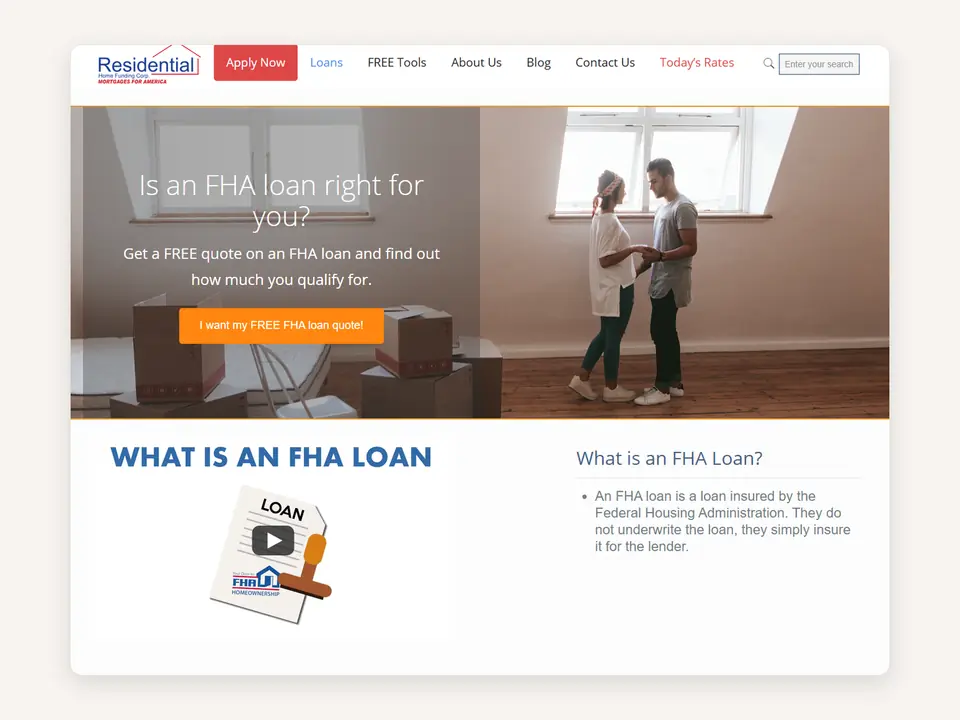 RH Funding FHA loan page I built, with a plain-English explainer video and a free quote button.