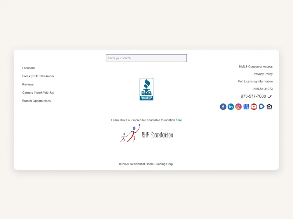 RH Funding website footer with NMLS number, licensing links, BBB badge and reviews link.