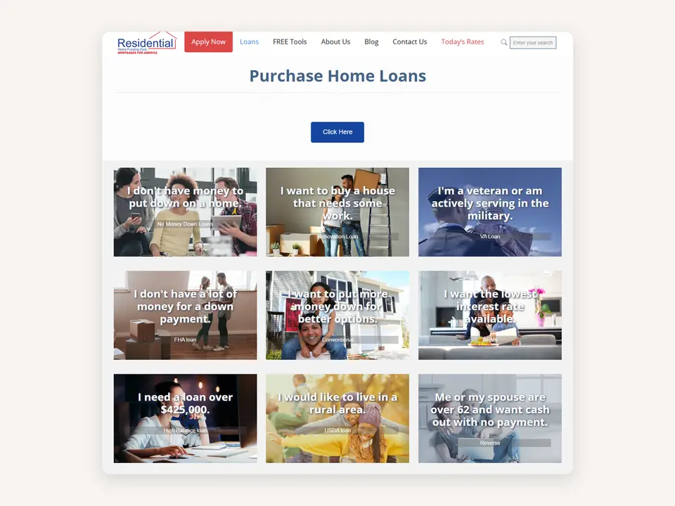RH Funding purchase loans page I built, with nine options by borrower situation, from no down payment to veterans.