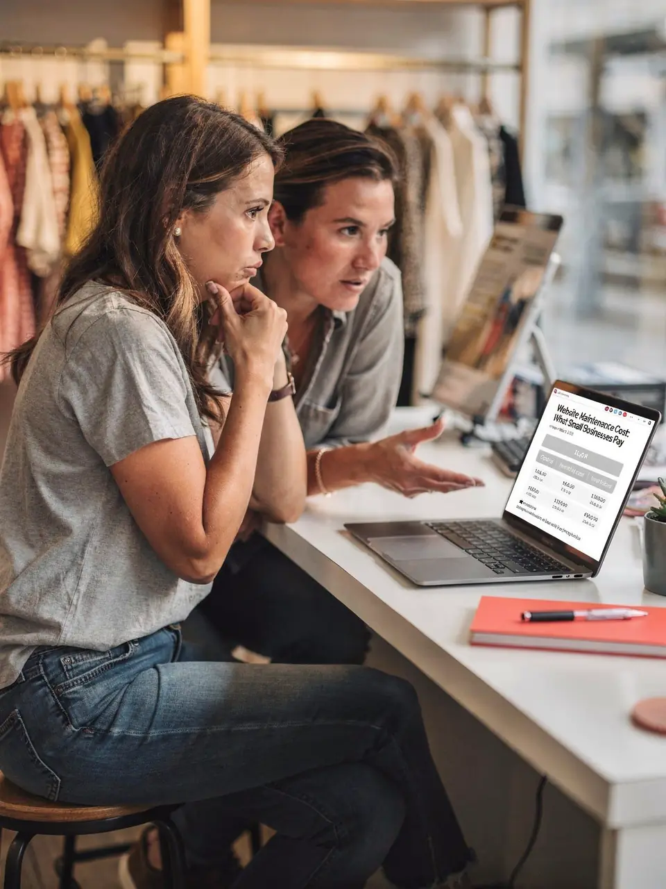 Two boutique owners thoughtfully read an article on website maintenance cost on a laptop.