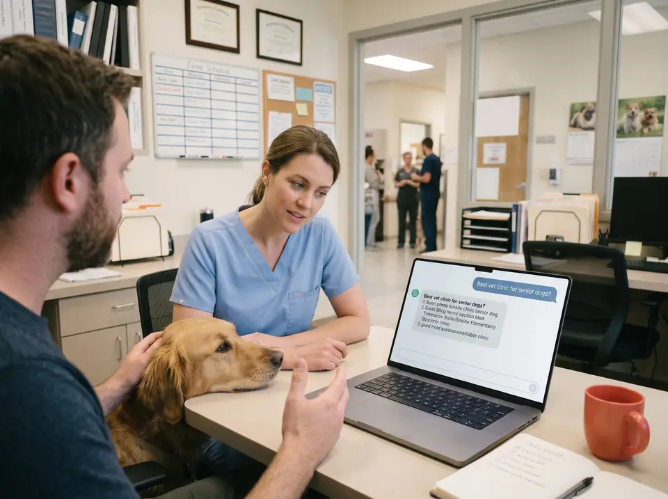 A search specialist and a veterinarian check which clinics an AI chat answer recommends.