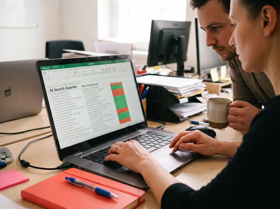 A specialist marks AI search questions a site has not answered yet in a spreadsheet.
