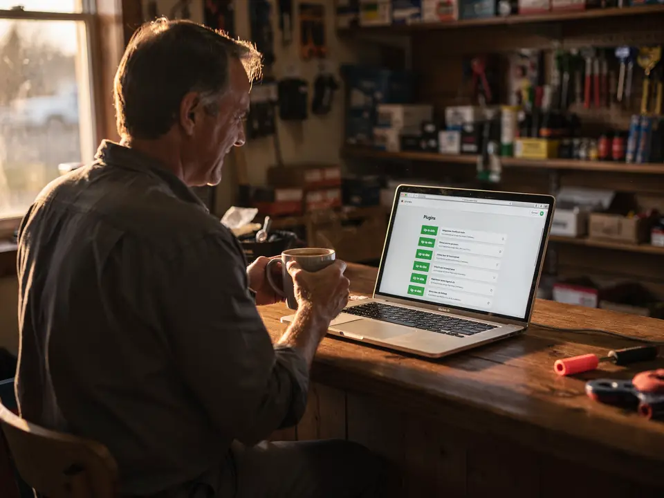 A hardware store owner with coffee reviews website plugin updates on a laptop.