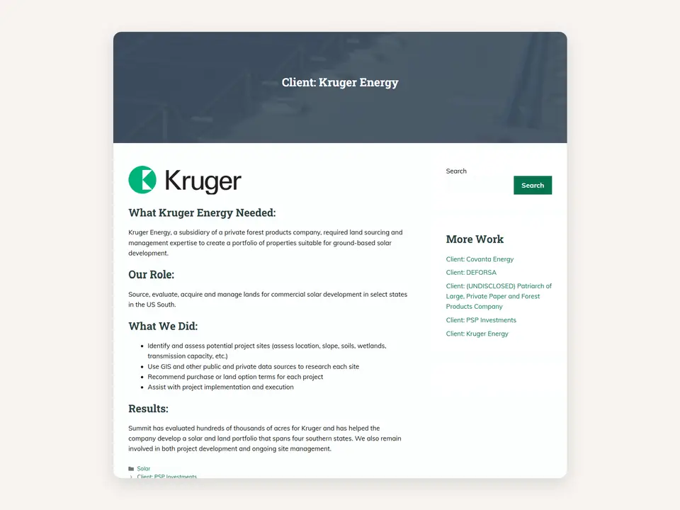Kruger Energy case study page I built: what the client needed, the firm's role, the work and results.