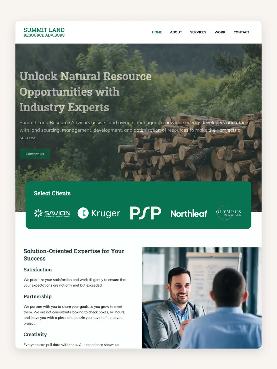 Homepage I built for Summit Land Resource Advisors, with their headline and select client logos.