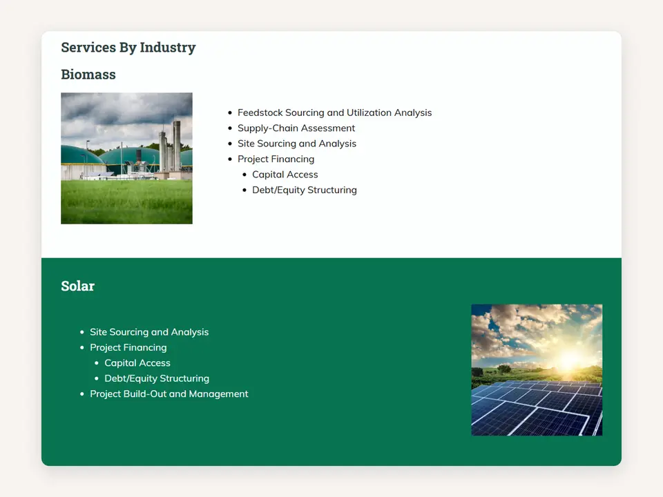 Services by industry page I built for a land and energy advisory firm: biomass, solar and more.