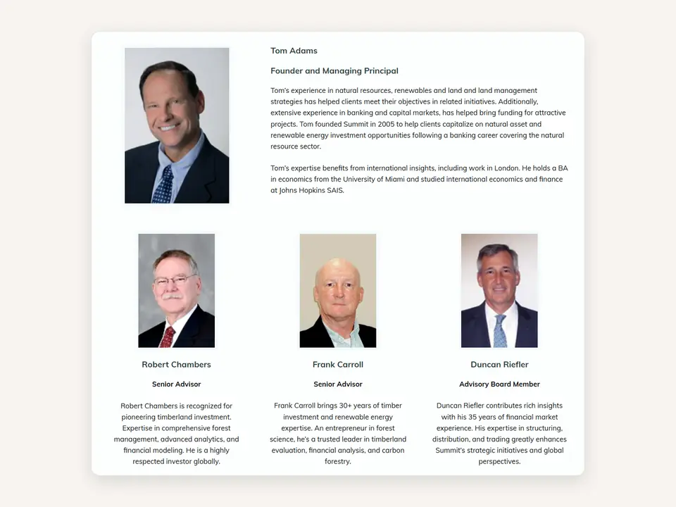 Team page I built showing the founder and three senior advisors with photos and experience.
