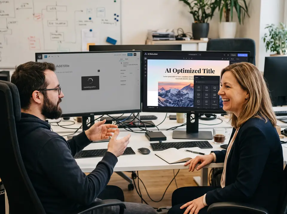 Two colleagues smile while reviewing an AI-optimized page title on a monitor.