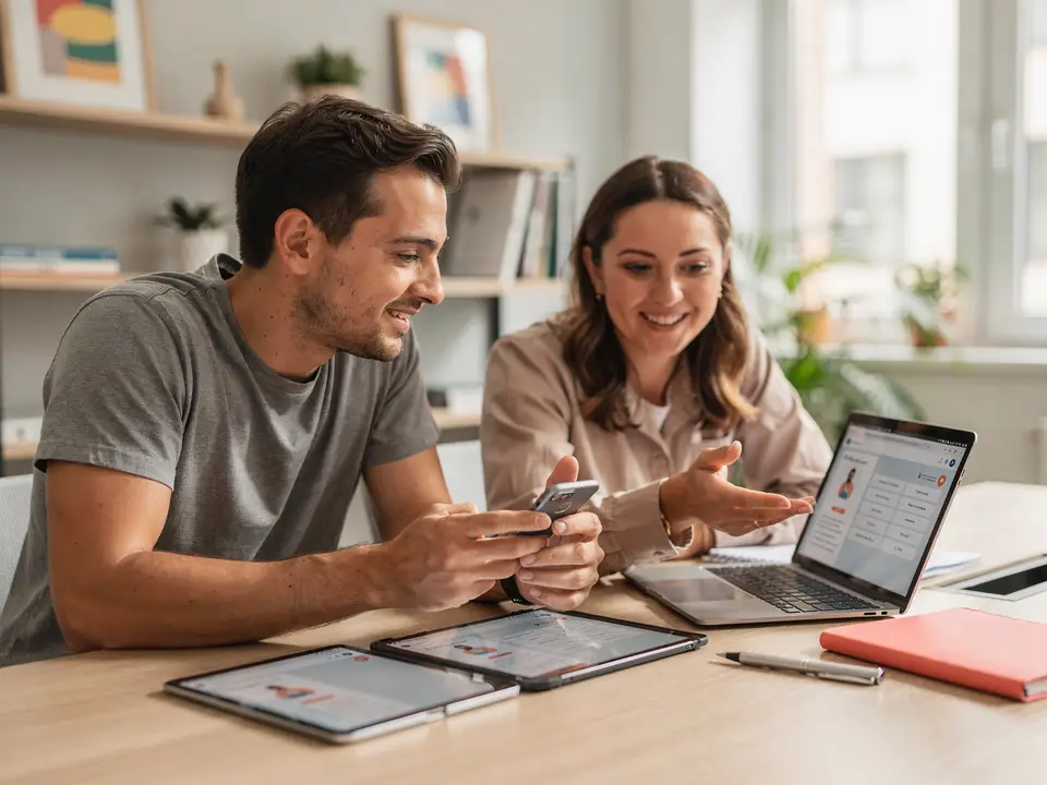Two colleagues test a web quiz on a phone, tablets and a laptop.