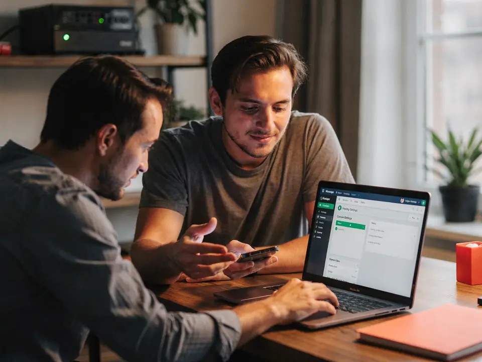 Two men check a website hosting control panel on a laptop at a desk.