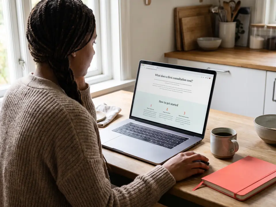 A woman at her kitchen table reads what a first consultation costs on a law firm's website.