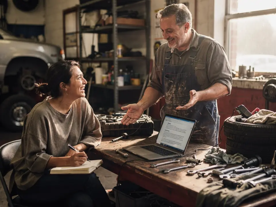 A writer takes notes while interviewing a smiling auto repair shop owner.
