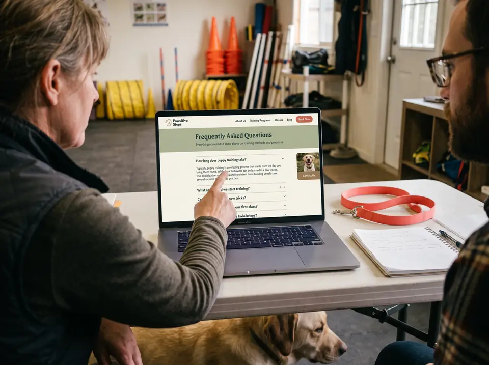 A dog trainer and a writer review a new FAQ page draft on a laptop.