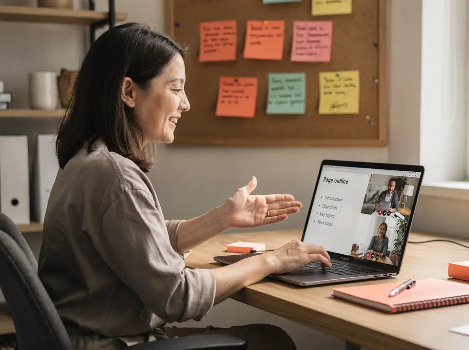 A writer shares a page outline with clients on a laptop video call.