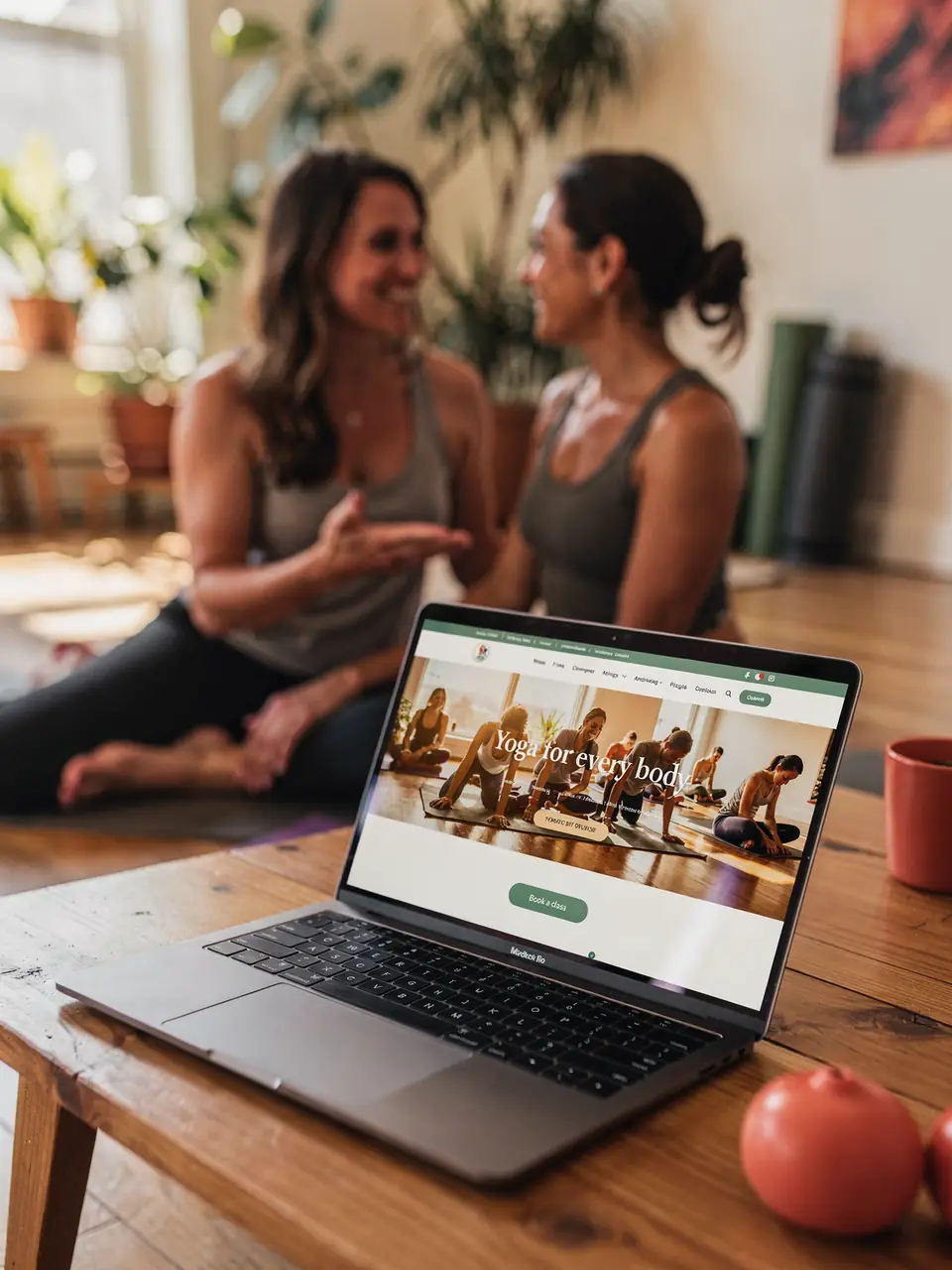 A yoga studio website design on a laptop while two women chat nearby.