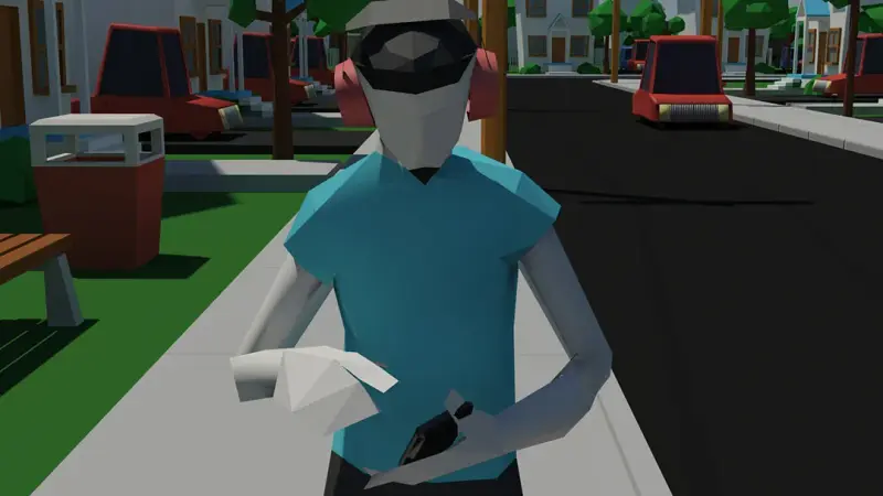 Low-poly 3D character wearing a VR headset standing on a city street.