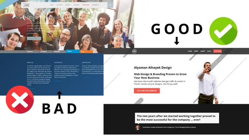 Side-by-side comparison of a cluttered bad website and a clean good website.