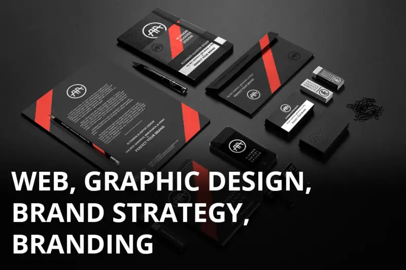 Black and coral branded stationery mockup with web and graphic design titles.