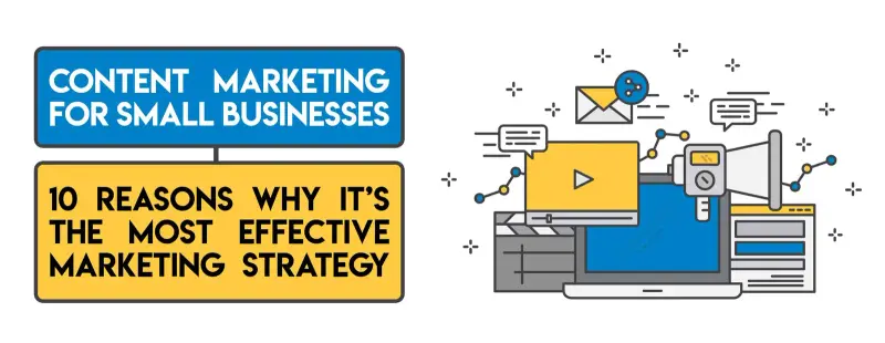 Banner for content marketing for small businesses with a laptop illustration.