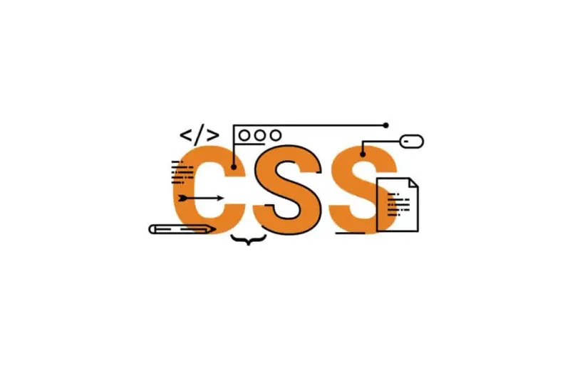 Orange CSS letters with code brackets and document icons on white.
