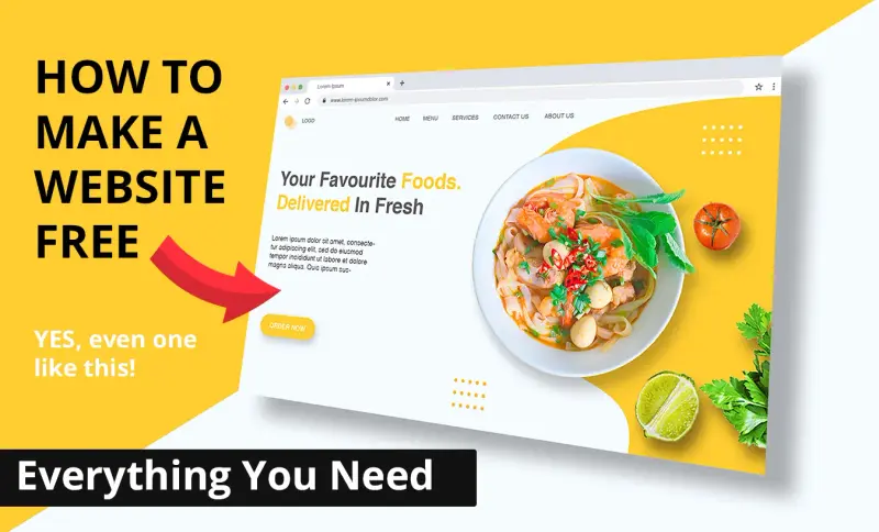 Banner reading How to Make a Website Free beside a restaurant website mockup.