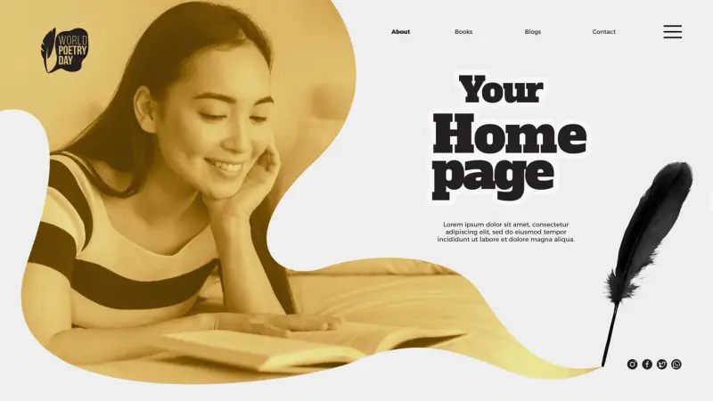 Homepage design with a smiling woman reading beside a large Your Home Page title.