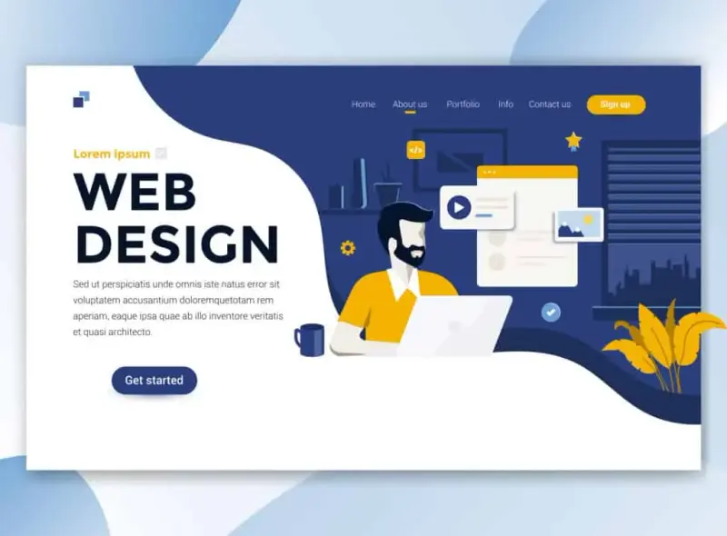 Illustrated web design landing page with a man working on a laptop.