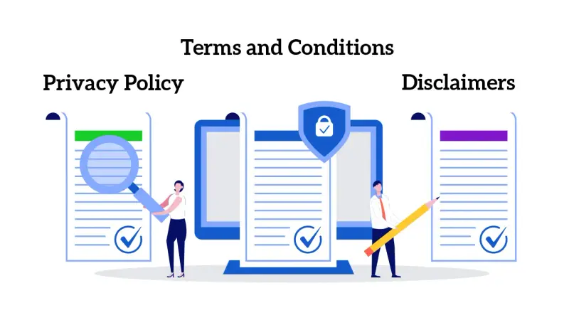 Illustration of terms and conditions, privacy policy and disclaimer pages.
