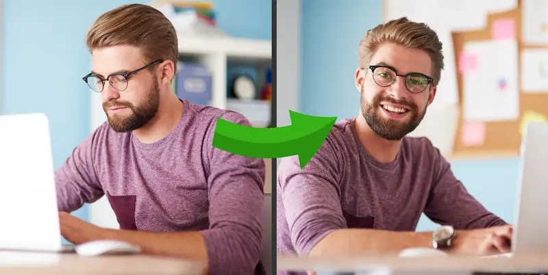 Before and after photo of a man frustrated then smiling at his laptop.