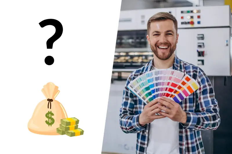 A smiling man holds colour swatches beside a question mark and money bag.