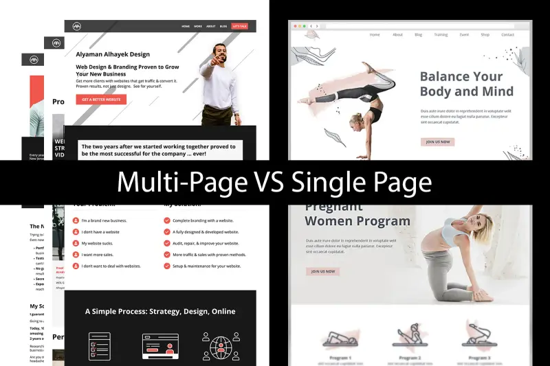 Screenshots comparing a multi-page website with a single page website.