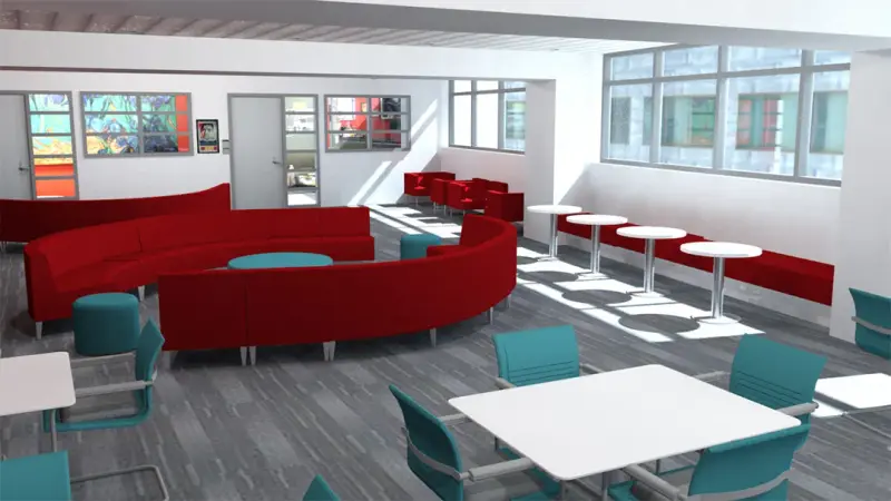 3D render of the redesigned Murray Center lounge with red seating.