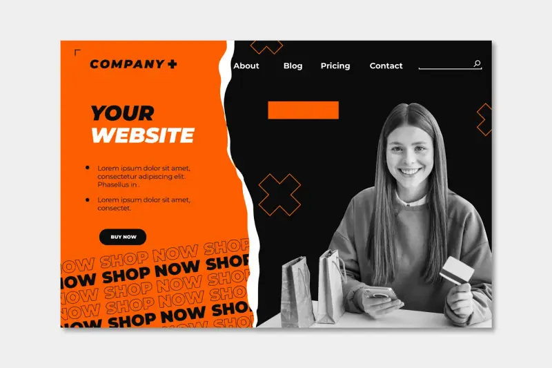 Online shop homepage design in orange and black with a woman holding bags.