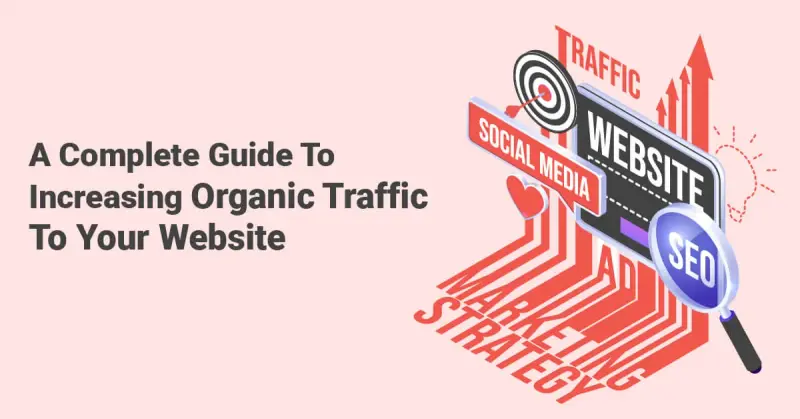Illustration with traffic, SEO and website signs for an organic traffic guide.