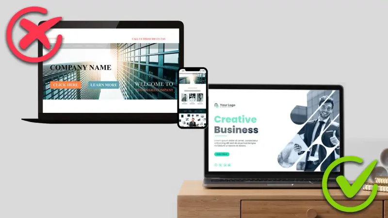An outdated website crossed out beside a modern website with a check mark.