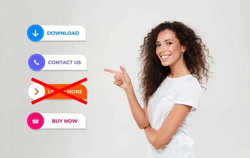 A smiling woman points at website button examples like Download and Buy Now.