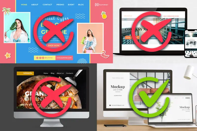 Three website designs crossed out in red and one modern site with a check.