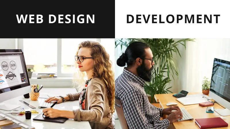 Split photo of a designer and a developer under Web Design and Development.