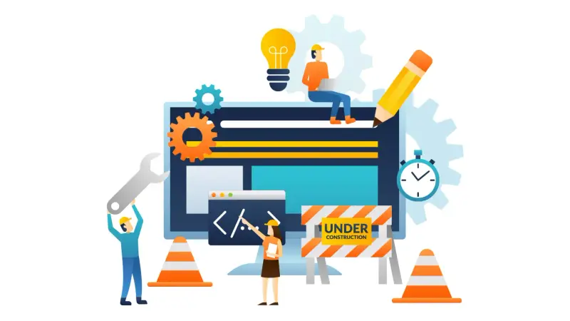 Illustration of people repairing a website under construction with tools and cones.