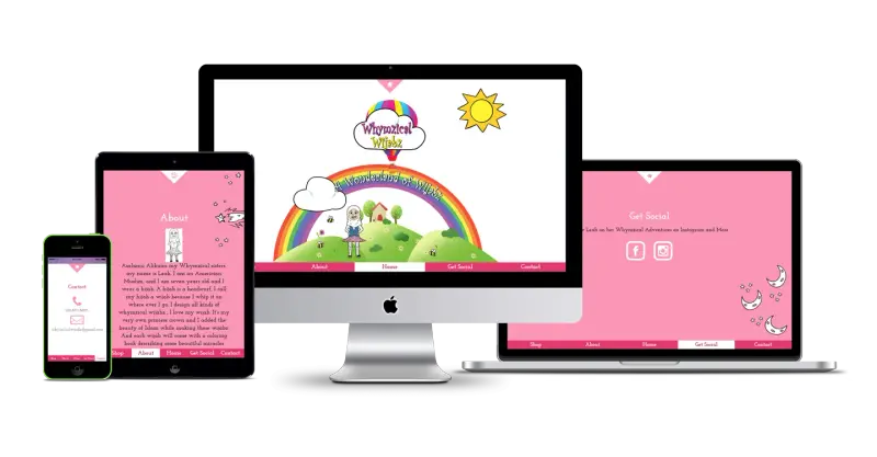 The Whymzical Wijabz website shown on a desktop, laptop, tablet and phone.